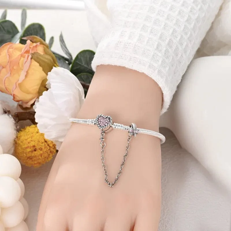 Pink Crystal Heart Charm Bracelet with Bow and Safety Chain - Image 3